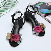 Kristall Pailletten Blume Schwarz Wildleder Ferse Knöchel Riemen Strass Sommer Sandalen